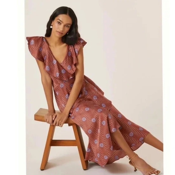 Anthropologie Ruffle Sleeve Printed Wrap Maxi Dress Brown Motif size XS - Picture 2 of 12